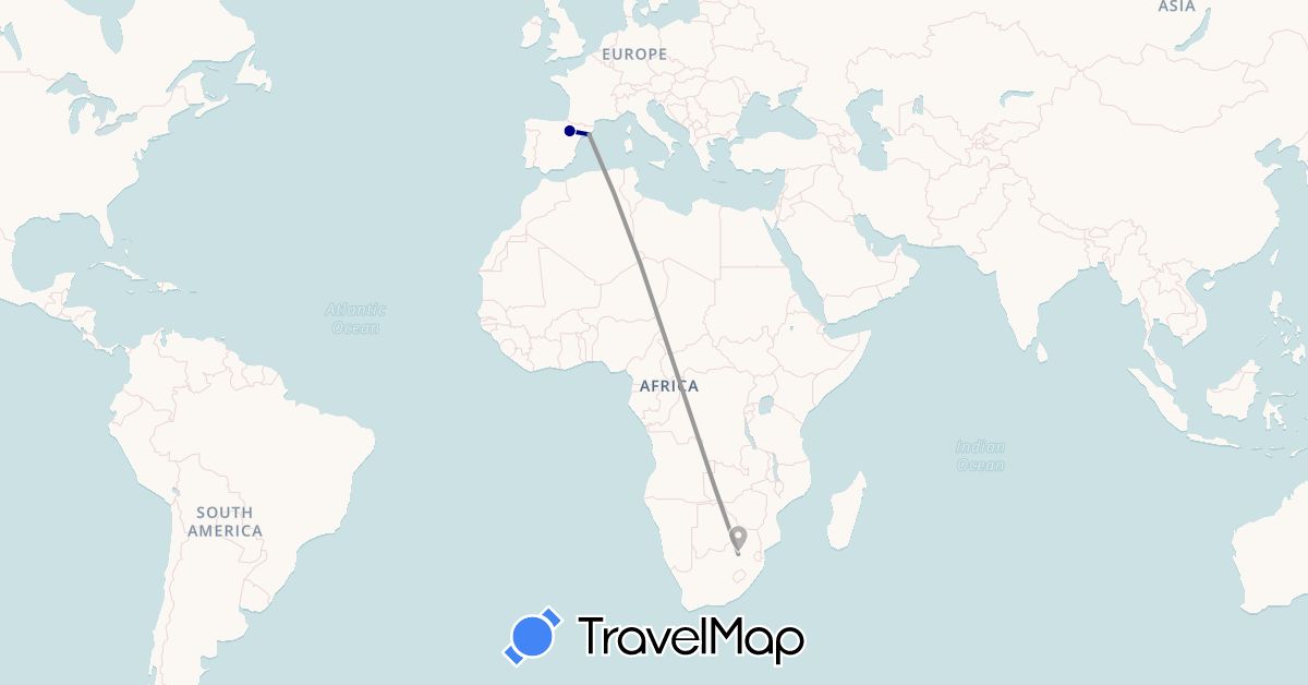 TravelMap itinerary: driving, bus, plane in Spain, South Africa (Africa, Europe)